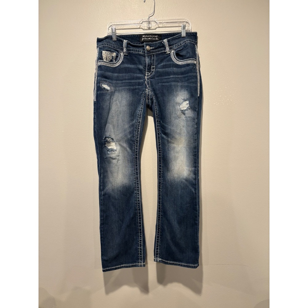 Maurices Premium Silver Edition Bootcut Jeans Dark Wash Thick Stitch Distressed‎